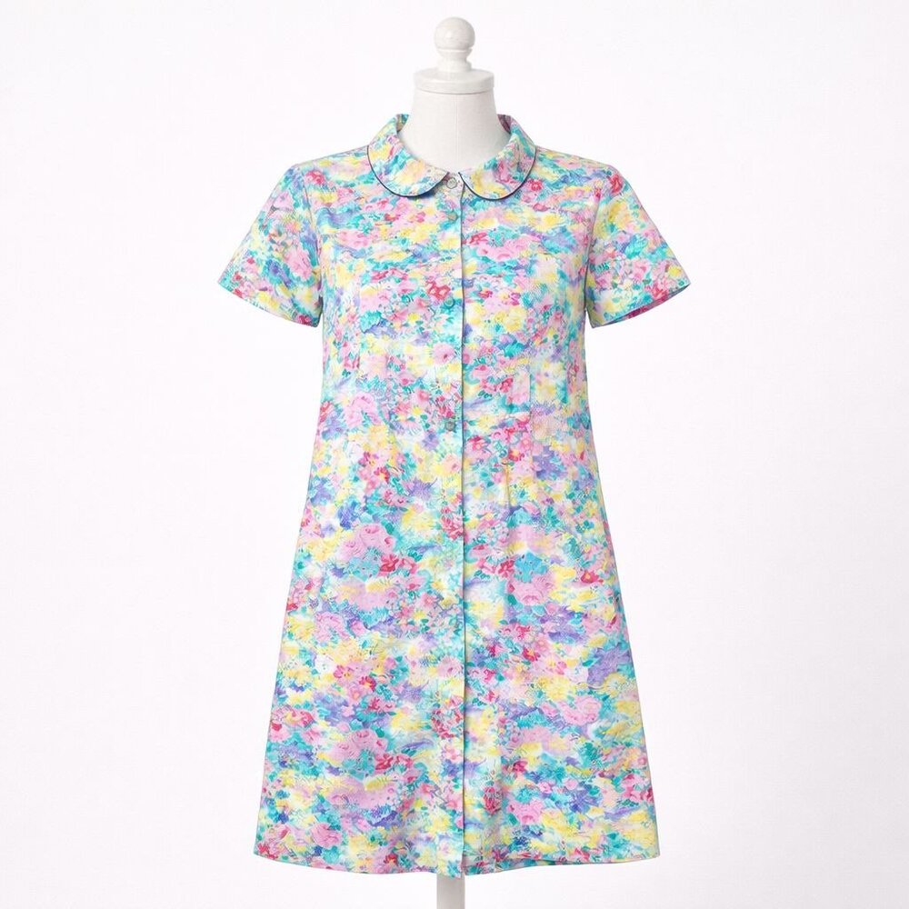 Watercolor Floral Nightgown XL Pearl Snap Peter Pan Collar VTG  JIT Sleepwear